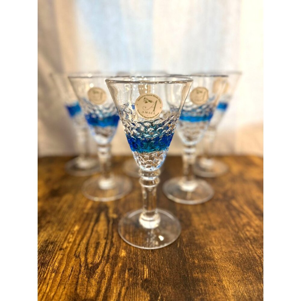 Hombre Hobnail Cobalt Blue & Clear Recycled Glass Wine Goblets Set Of 6 Handmade